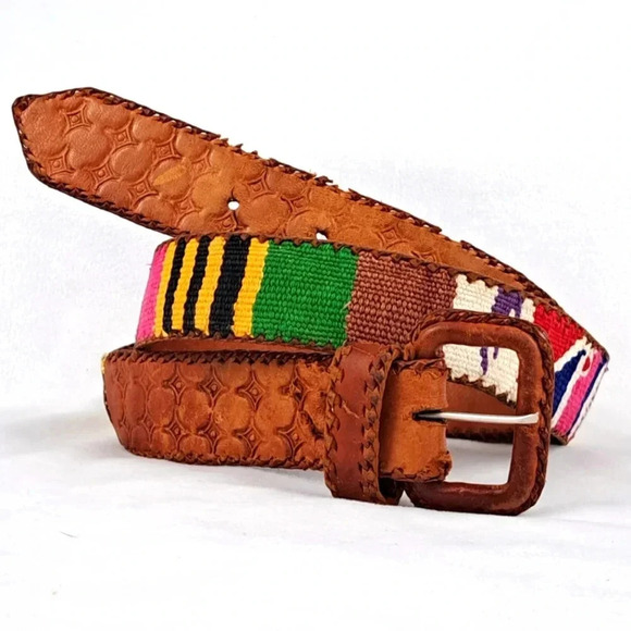 Artisan Accessories - Vintage 90's Woven Color - Tooled Leather Belt Made in Guatemala